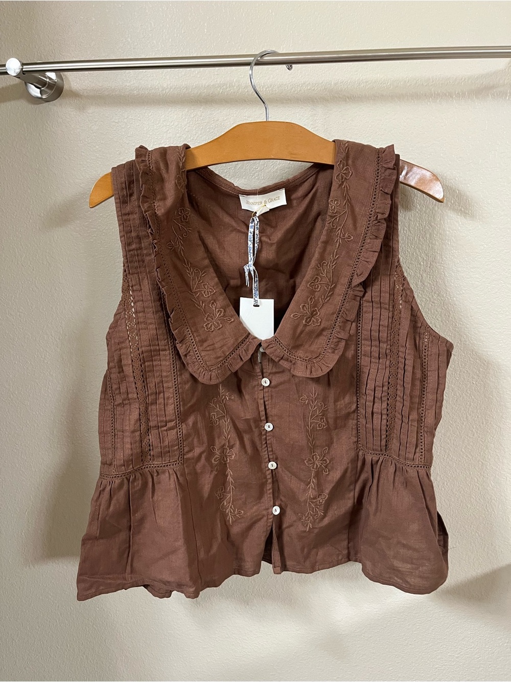 Jennifer & Grace Brown Ruffled Peter Pan Collar Embroidered Peplum Top